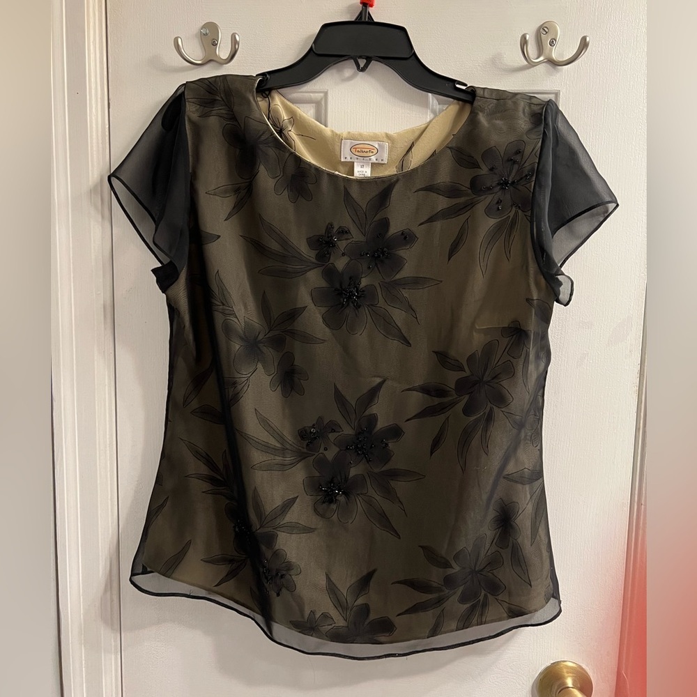 Just In! Talbots Petites Elegant Black Sheer Floral Beaded Blouse - Size 12P - Picture 2 of 6